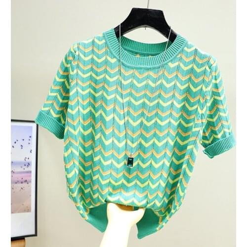 2021 Summer New Arrival Short Sleeve O-neck Patchwork Hollow Out Sweater Women Fresh Cute Loose Knitted Pullover T-shirt Tops