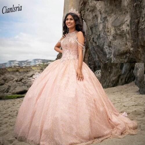 Rose Gold Crystal Beading Ball Gown Quinceanera Dresses Sparkly Off The Shoulder Lace Up Back Sweet 16 Dress Vestido De 15 Anos
