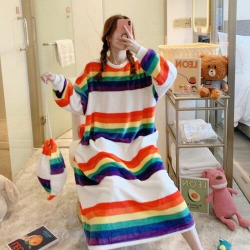 2020 Winter Thick Warm Flannel Long Sleeve Nightgowns Women Coral Velvet Casual Striped Loose Sleepwear Night Dress Nightdress