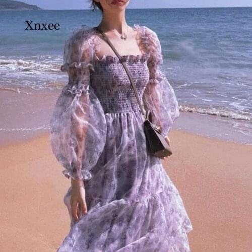 2021 Elegant Flower Print Mesh Lantern Sleeve Fairy Midi Dresses Women Summer Lace Square Collar Beach Holiday Sweet Long Dress
