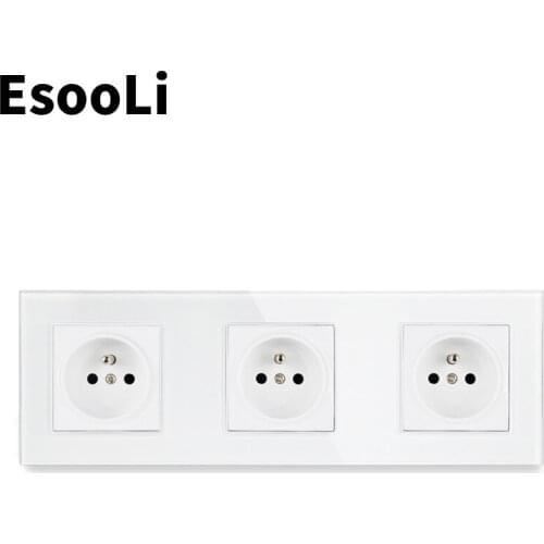 Esooli Crystal Glass Panel French Standard Wall Socket 258*86mm Power Socket Plug Grounded 16A Black Electrical Triple Outlet