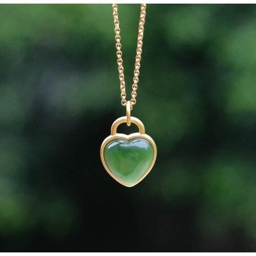 Natural Hetian Jade Heart-Shaped Jasper S925 Sterling Silver Pendant Jade Vintage Gilding Craft Silver Necklace