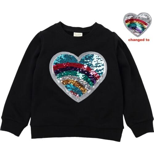 Boys Sweatershirts Cotton Kids Heart shape Long sleeve T-Shirt With Sequin Reversible Sequin Tops Girls Kids White Flash tops