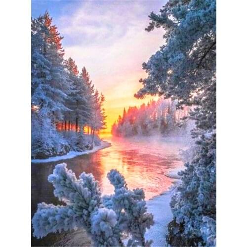 Huacan Winter Diamond Mosaic Landscape Full Layout 5d diy Diamond Painting Snow River Cross Stitch Home decor