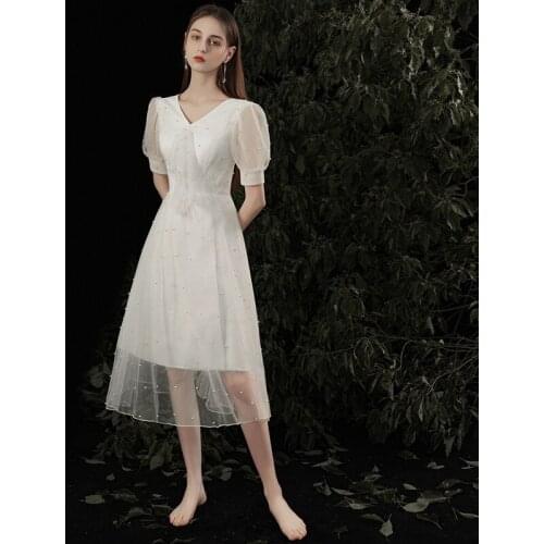 KAUNISSINA White Dress Wedding Gowns Puff Sleeve V-Neck Beaded Short Wedding Dresses for Bride Simple Marriage vestidos de novia