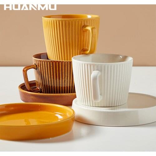 Nordic Vertical Pattern Coffee Mugs Simple Water Cafe Tea Milk Cup Condensed Coffee Ceramic Cup Saucer Suit With Dish Saucer INS