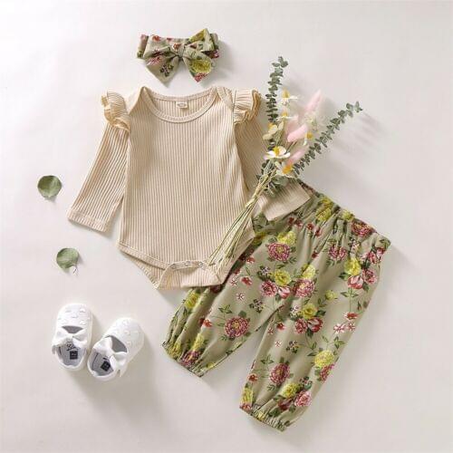 0-18M Toddler Baby Girls Long Sleeves Romper Tops+Floral Pants+Headbands Set Outfits kid clothes roupa infantil kid clothes 2019