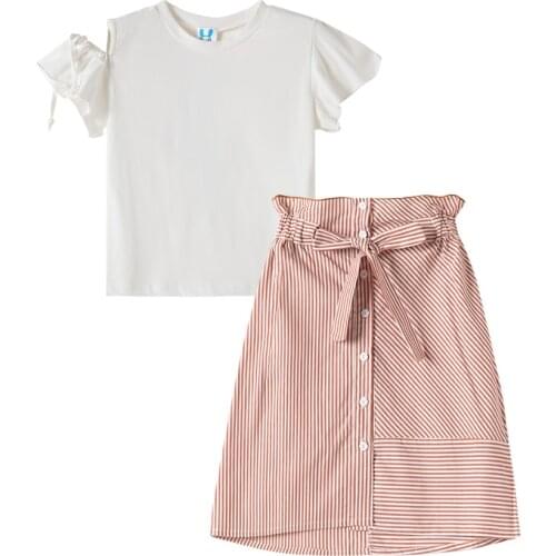 Teenage Girls Clothes Sets 2020 Kids Outfits Big Girls Patchwork Outwear Teens Girl Summer Sets White Tops With Striped Skirts
