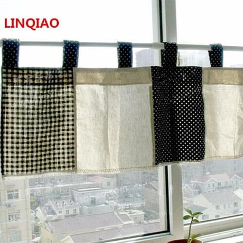 Korean Style Black White Plaid Dot Lace Edge Cotton Linen Sling Short Curtain Home Decorative Dust-proof Curtain 45*130cm