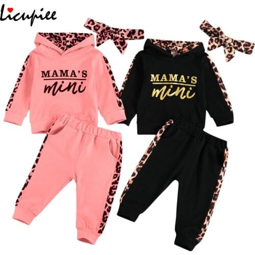 Girls Long-sleeved Trousers Suit Unique Letter Hooded T-shirt Leopard Stitching Long Pants and Headband 0-24 Months