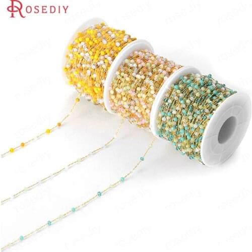 C813)50cm Bead 3mm 24K Gold Color Brass and Glass + Wheel Beads Necklace Chains High Quality Diy Jewelry Findings Accessories
