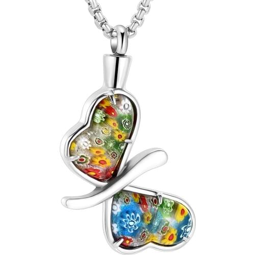 LL014 Back Engravable -Prong Setting Murano Glass Butterfly Cremation Jewelry For Ashes Keepsake Memorial Necklace