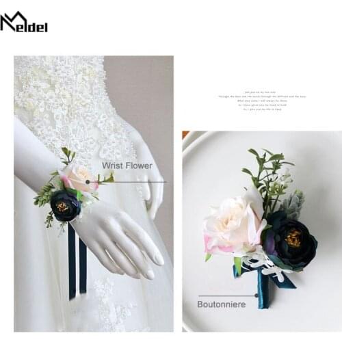 Meldel Wedding Boutonniere Bride Wrist Corsage Silk Rose Girl Bracelet Flower Sister Wrist Corsages Champagne Men Brooch Flowers