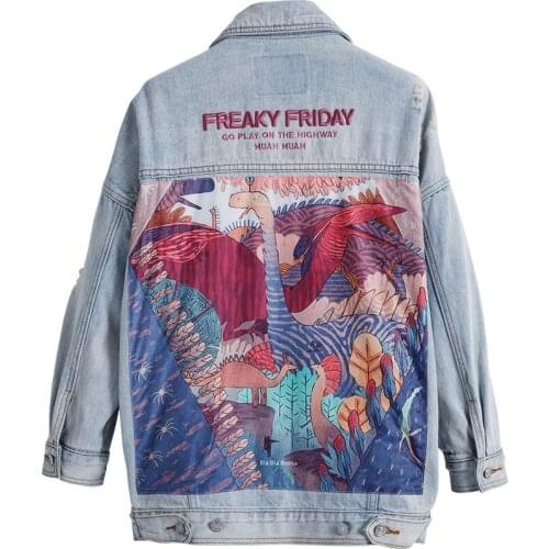 Fashion Women Street Wear Printed Jurassic Park Denim Jackets Coat Casual BF Jeans Jacket Coat for Ladies Spring Autumn Outwear
