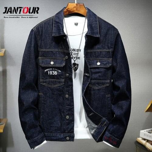 Brand 2020 Mens Clothing Autumn Winter Jacket Men Fashion Letter Print Thicken Turn-Down Collar Biker Dark Blue Denim Jacket