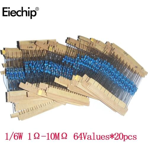 1280pcs/lot Metal Film Resistor set 1/4W 64values 1 ohm - 10M Ohm resistors assorted kit pack 470/1K/10K/100K/220K ohm resistor