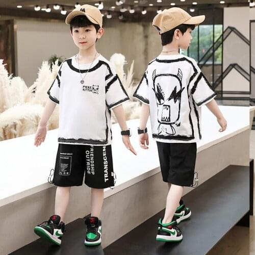 2021 Summer New Thin Clothes Trendy Children Clothing Boys Summer Suit Handsome Short-sleeved Five-point Pants In Two-piece Suit