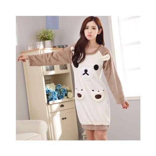 Autumn and Winter Nightdress Long Sleeve Flannel Girl Coral Cashmere Cartoon Biscuit Bear Long Skirt Pajamas