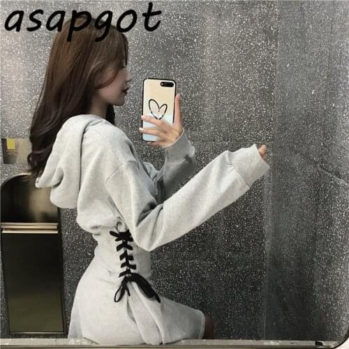 Cotton Grey Hooded Bandage Hoodies Dress Women Mini Lace Up Waist Black Sweater Dress Chic Casual Autumn Winter Vestido Loose