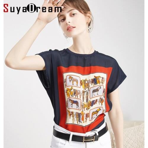 SUYADREAM Women 100% REAL SILK Print T Shirt Short Bat Sleeved Casual O neck Shirts 2020 Spring Summer Tops