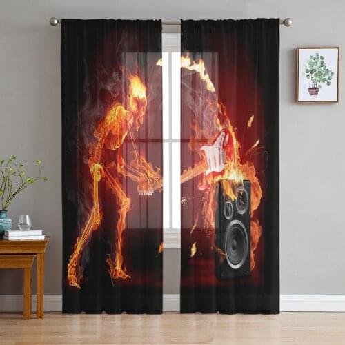 Flame Guitar Skull Tulle Sheer Window Curtains for Living Room Kitchen Children Bedroom Voile Hanging Curtain
