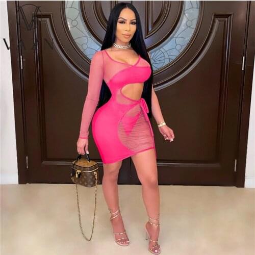 VAZN 2020 New Solid Party Mini Dress Celebrity Full Sleeve Dresses See Through Women Elegant Sexy Dress