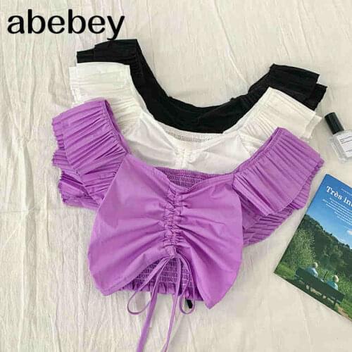 2021 New Summer Women Drawstring ruched Ruffle Blouse V-neck flying sleeve slim fit short Shirt Top