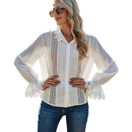 Women White Shirts Spring Summer Stand Neck Flare Long Sleeve Hollow Out Lace Patchwork Blouses Solid Ladies Elegant Shirt Tops
