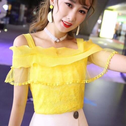 Slash neck Strapless shoul lace shirt summer women Slim fit tops Sexy sweet lotus leaf side wild halter t-shirt fashion