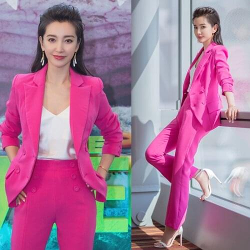 Ladies Suit Women Suits Office Sets Double Breasted Blazer + Pants Set OL Formal Two Piece Set Terno Feminino Rose Red Y223