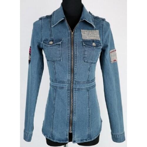 2019 New Spring Women Cowboy Small Coats Slim Elastic Zipper Badge Chaqueta Outwear Vintage Full sleeve Denim Coat Jean Jackets