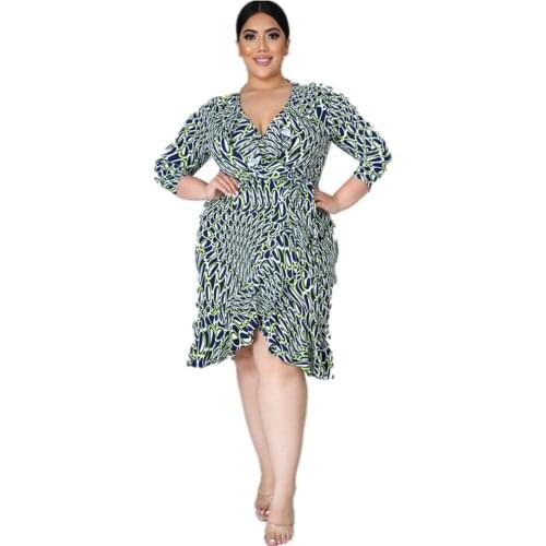 2021 New Summer And Autumn Hot Sale Plus Size V-Neck Full MM Three Quarter Sleeve Ruffle Printed Dress For Women