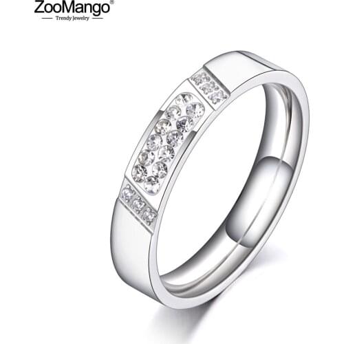 ZooMango Trendy Titanium Stainless Steel Clay Rhinestone Ring Original Design CZ Crystal Wedding Ring Jewelry For Women ZR20054