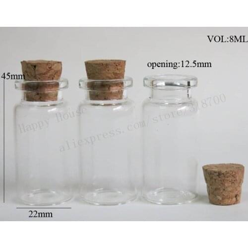 1000pcs/lot 8ml small clear glass bottle with wooden cork,8cc transparent empty cork stopper glass vials,sample jars