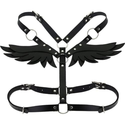 1X Black Angel Wings Leather Harness Cage Bra Belt Lingerie Fetish Womens Body Sexy Tops Caged Bralette Punk Goth Dance Unde