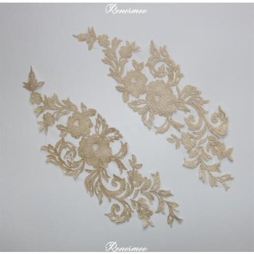 2Pairs/4pcs Flat Embroidery Champagne Gold Lace Appliques Flower Sewing Trims Wedding Decoration 12.5X40cm SX186