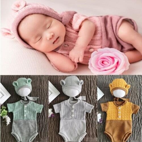 2Pcs Baby Romper Jumpsuit Hat Set Newborn Photography Props Suit Handmade Baby Bodysuit Bonnet Outfits Baby Photo Shooting