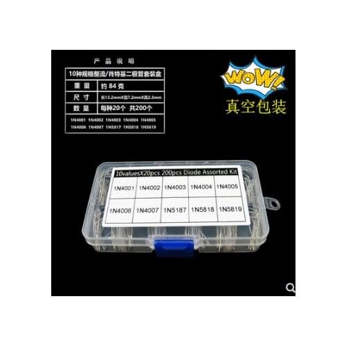 200Pcs 10 Values Rectifier Diode Assorted Kit 1N4001 1N4002 1N4003 1N4004 1N4005 1N4006 1N4007 1N5817 1N5818 1N5819 + Box