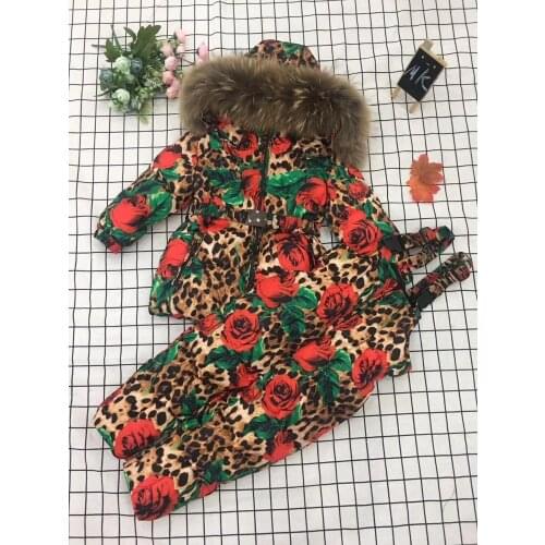 2021 Winter Jacket Children down jackets & PANT duck down Fur hooded Leopard flower girl snowsuit boy set outerwear ski suit