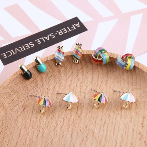 4pcs Korean Cute fashionable earrings for women Contrast Candy Pills Umbrella Lovely Cartoon Stud Earrings Jewelry Accessories