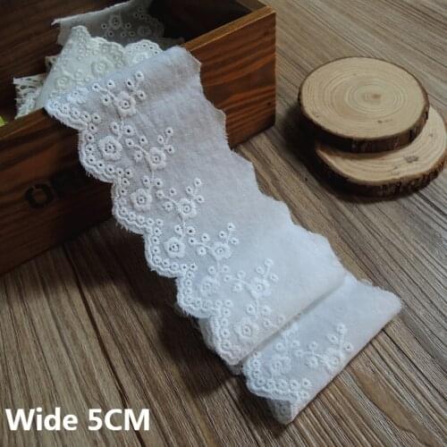 5CM Wide White Beige Cotton Embroidery Flowers Lace Fabric Ribbon Clothes Apparel Curtains Handmade DIY Material Sewing Supplies