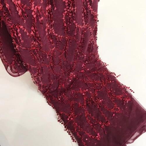 5yards/pc) wine red African French net lace fabric fashion tassels lace fabric with sequins for making party dress FJY119