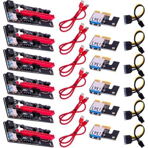 6pcs Newest VER009 USB 3.0 PCI-E Riser VER 009S Express 1X 4x 8x 16x Extender Riser Adapter Card SATA 15pin to 6 pin Power Cable