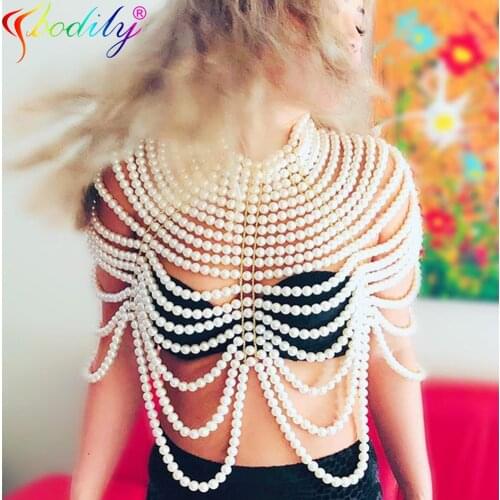 Sexy Women Pearl Body Chain Bra Necklaces Fashion Adjustable Size Shoulder Necklaces Tops Chain Wedding Dress Pearl Body Jewelry