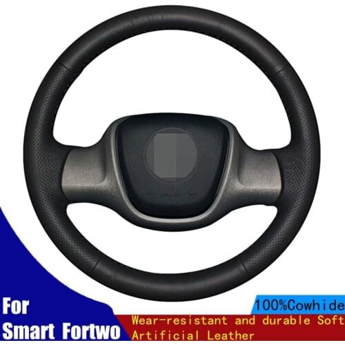 Car Steering Wheel Cover Black Genuine Leather Hand-stitched Wear-resistant and durable Soft For Smart Fortwo