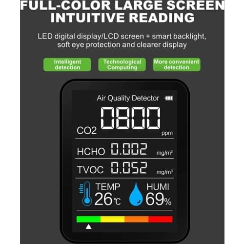 5 in 1 CO2 Meter Temperature Humidity Sensor Tester Air Quality Monitor Analyzer Carbon Dioxide Gas TVOC HCHO Detector