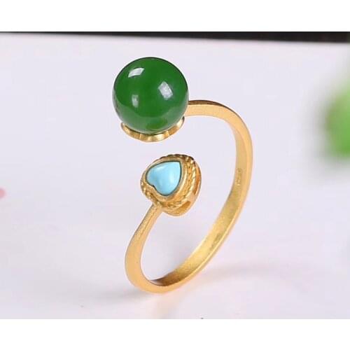Jadery Fashion 100% Natural Jasper Jade Turquoise Gemstone Ring 18k Gold Sterling Silver 925 Rings Women Wedding Jewelry
