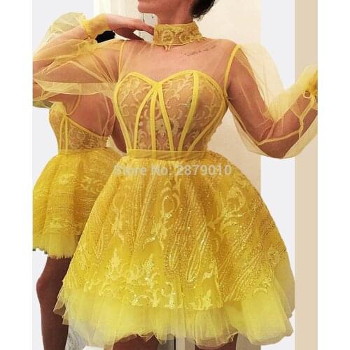 Sweetheart Yellow Homecoming Dress Sequined Short-Length Full Sleeves Tulle Club Dress Cocktail Dress Коктейльный костюм Dubai