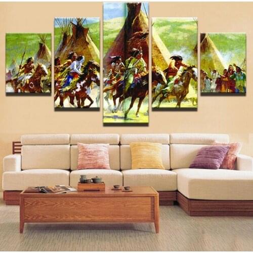 Frame Modular Pictures Vintage Home Decor 5 Panel Indian War Paintings On Canvas Posters And Prints Pictures On The Wall