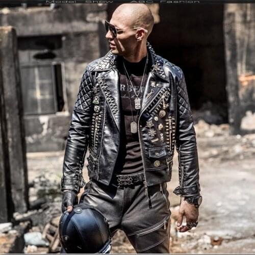 Veste Cuir Homme Men Jacket Rivets Punk Rock Stage Costume Street Slim Fit Overcoat Locomotive Jackets Leather Coats